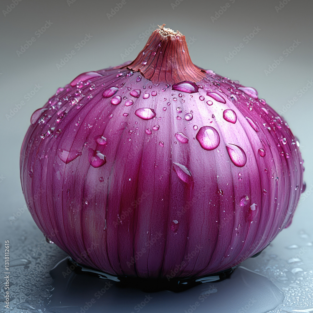 Poster fresh purple onion with water droplets on reflective surface, showcasing its vibrant color and textu