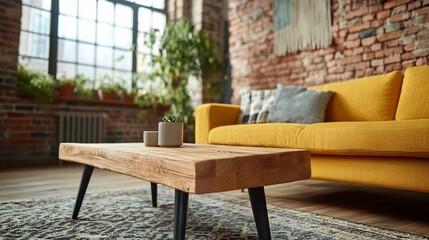 Yellow sofa, wooden coffee table, brick wall apartment