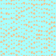 Seamless pattern of scattered peach hearts on aqua blue background, playful romantic design ideal for Valentine’s Day, kids fabric, gift wrap, wallpaper and cute digital projects.