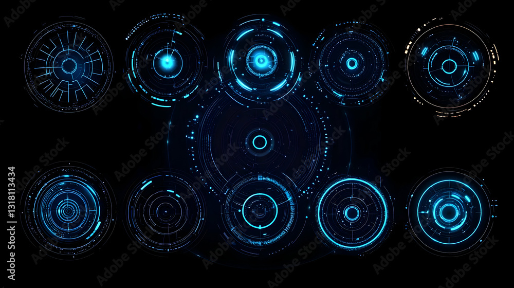Aufkleber abstract digital blue circles with glowing elements on black background for technology and science