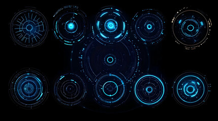 Abstract Digital Blue Circles with Glowing Elements on Black Background for Technology and Science