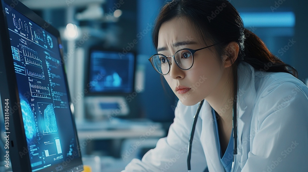 Aufkleber female doctor analyzing data on computer screen in futuristic setting