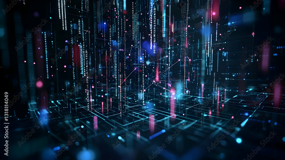 Poster 3d render of futuristic cyberspace data stream with pink and blue glowing lines