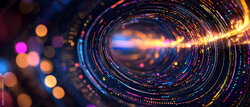 Poster vivid colors and dynamic light trails converging in a circular motion blur effect with bokeh backgro