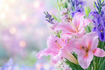 Fototapeta premium Watercolor painting of pastel pink and lavender-colored lilies, gladiolus flowers, and purple iris flowers on a blur background