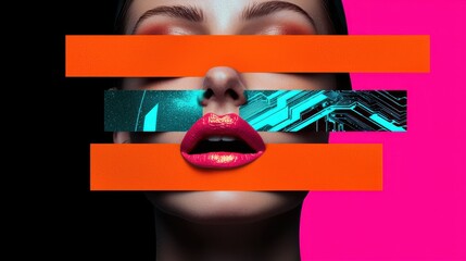 Close-up of a person's face with vibrant pink lips and colorful horizontal bars