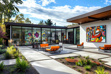 A modern patio with sleek concrete paths and vibrant art installations creates a dynamic outdoor living space.