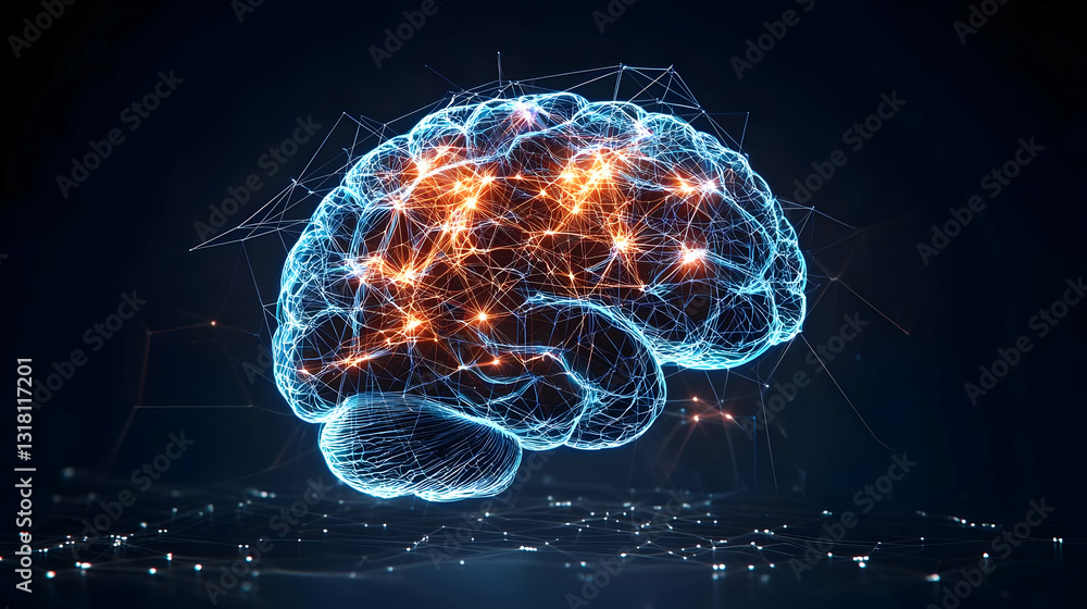 Poster abstract glowing blue and orange human brain neural network on dark background with 3d rendering tec