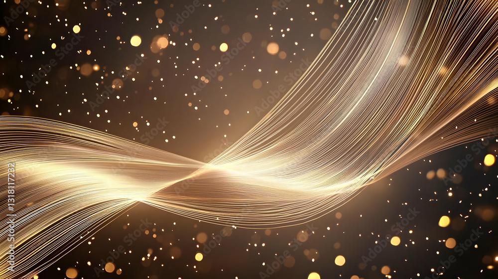 Poster abstract golden particles background with wavy flowing shape and bokeh lights effect festive christm