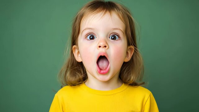 Child Expressing Surprise With Open Mouth During Speech Therapy Session Focused on Phonology Disorders on a Green Background