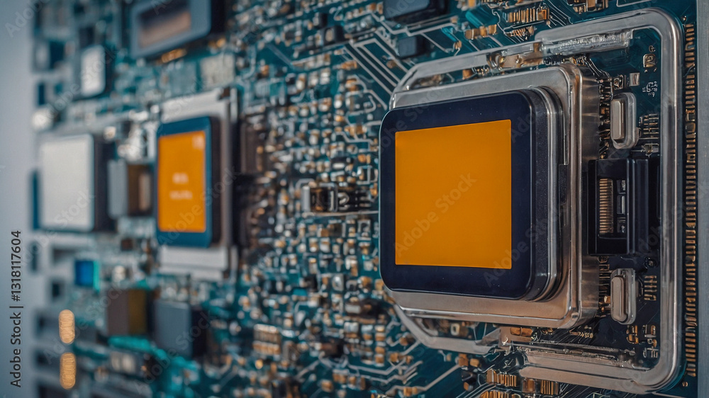Poster close-up of advanced microchip on a circuit board