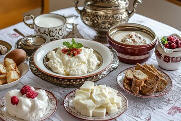 Traditional breakfast spread featuring dairy, fruits, and breads on an elegant table setting