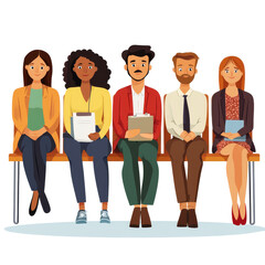 Obraz premium A diverse group of individuals patiently waiting for a job interview in a modern setting, PNG file no background Diverse people waiting for a job interview