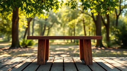 Naklejka premium there is a wooden bench sitting on a wooden deck in the woods