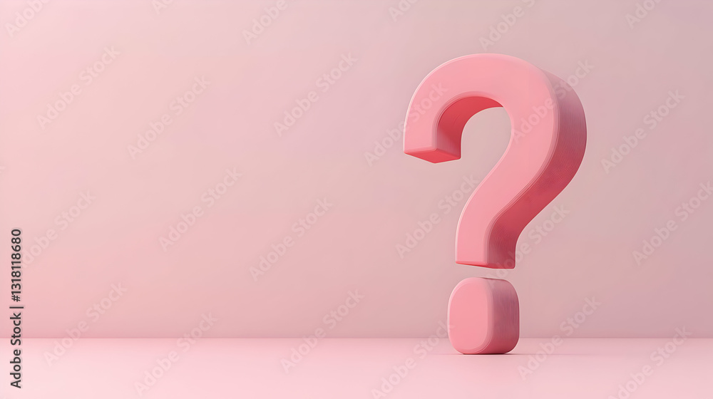 Poster large pink 3d question mark on a pastel pink background with soft lighting and minimalist compositio
