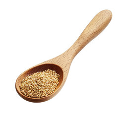Closeup of millet grains in a wooden spoon on a transparent background for culinary use and healthy eating, Millet in wood spoon isolated on transparent background