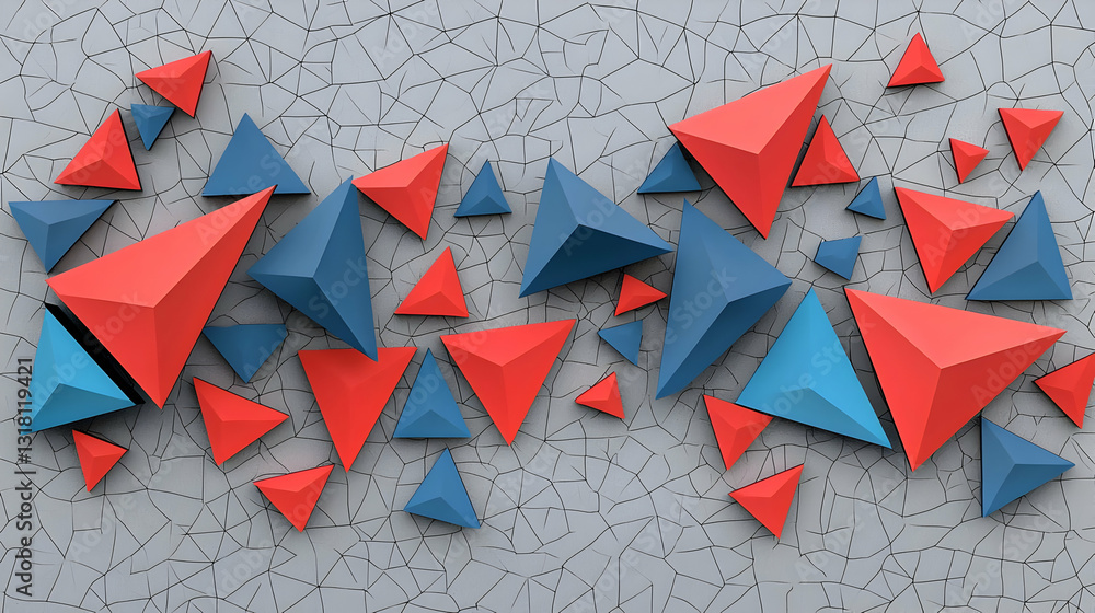 Poster abstract 3d render of red and blue triangles scattered across a gray textured background
