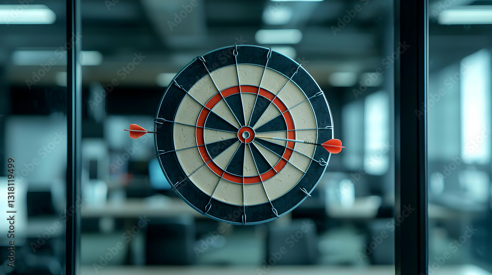 Poster classic dartboard with two darts in an office setting through glass window depicting aim and precisi