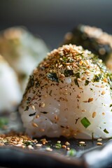 Macro View of Furikake Seasoning on Onigiri Rice Snack with Sesame and Seaweed