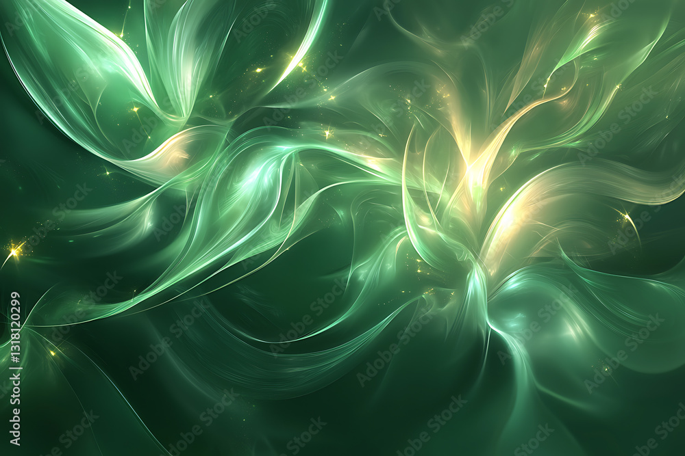 Poster dynamic swirling patterns abstract digital art green color palette ethereal atmosphere close-up view
