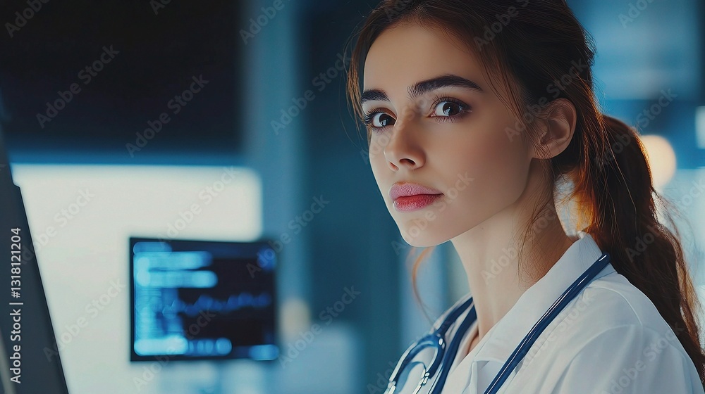 Poster female doctor analyzing data on a computer screen in a modern lab