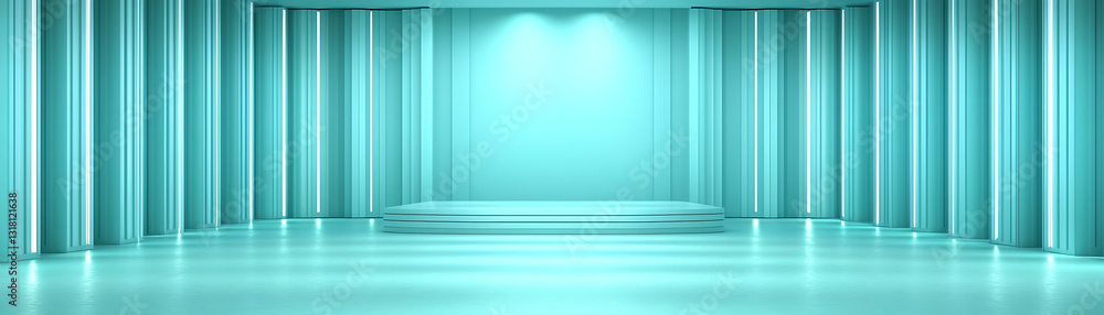 Poster dynamic event stage setup modern exhibition hall virtual presentation space bright clean atmosphere 