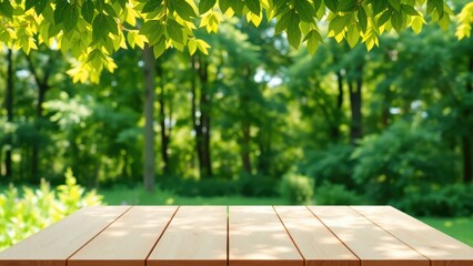wooden table in the park with green trees and grass,
