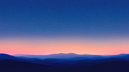 Serene Blue Mountain Range Under a Starry Night Sky with Pastel Sunset Glow
