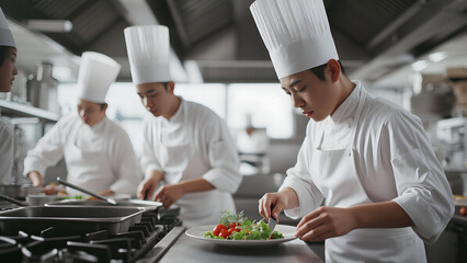Chefs preparing salad in a professional commercial kitchen, wearing white uniforms and hats.