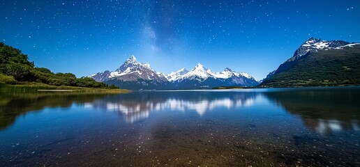 Reflective lake with snow-covered mountains under a starry sky, for travel blogs