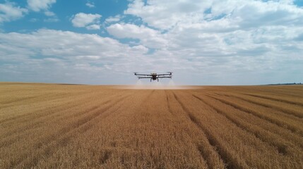 Aerial View of Drone Spraying Pesticides Over Wheat Field