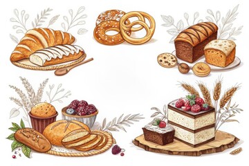 Assorted baked goods displayed on a white background