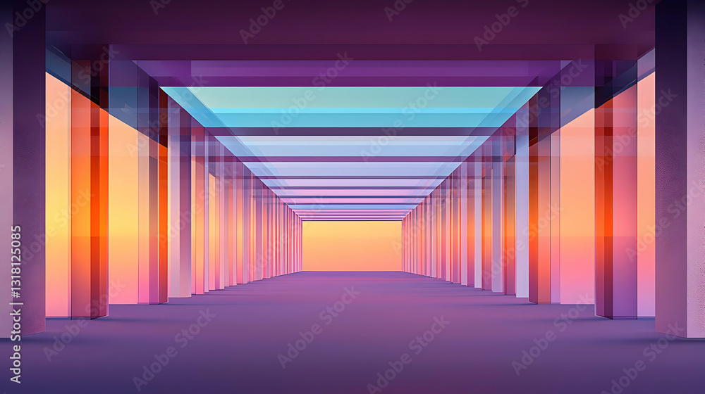 Poster abstract corridor perspective with colorful light and geometric design for modern architecture