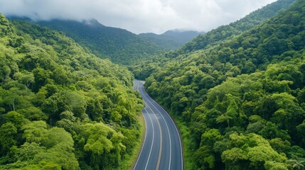 Winding road through lush green mountains