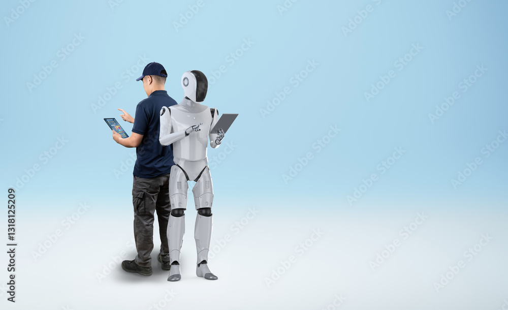 Poster automation industry with engineer work with assistant robot