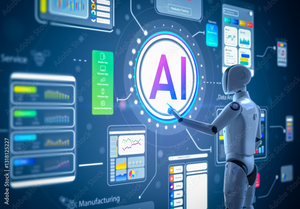 Poster ai technology with humanoid robot with hud graphic interface
