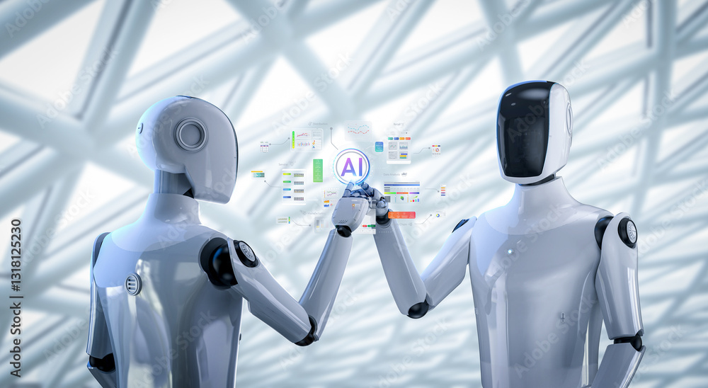 Poster ai technology with humanoid robot with hud graphic interface
