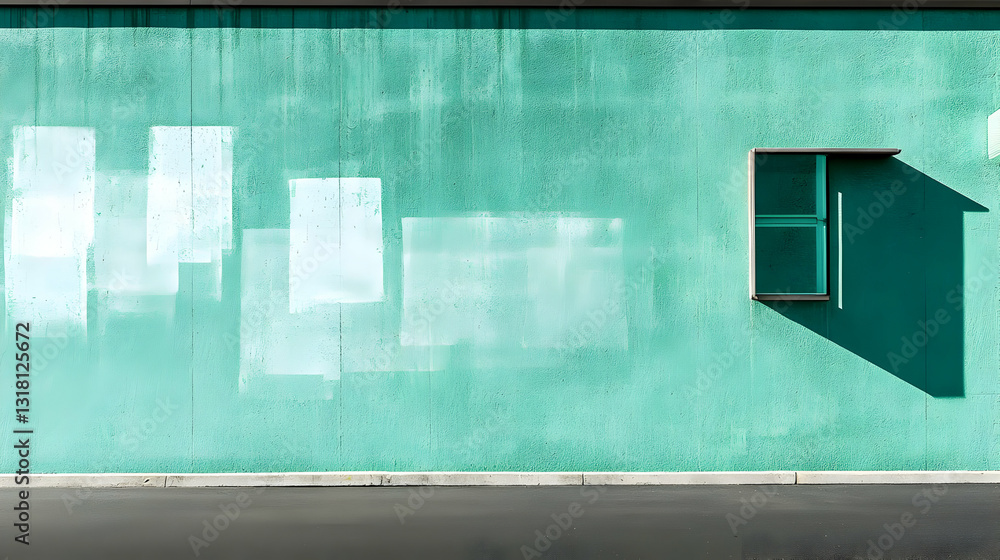 Poster teal wall with white patches and a small window casting a shadow on a sunny day with an asphalt base