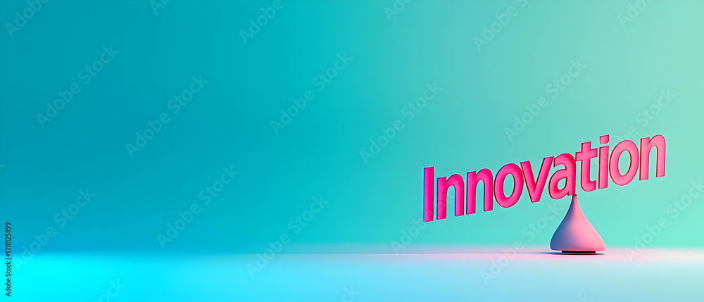 Poster 3d innovation text in pink with white cone on gradient teal and pink background with soft lighting