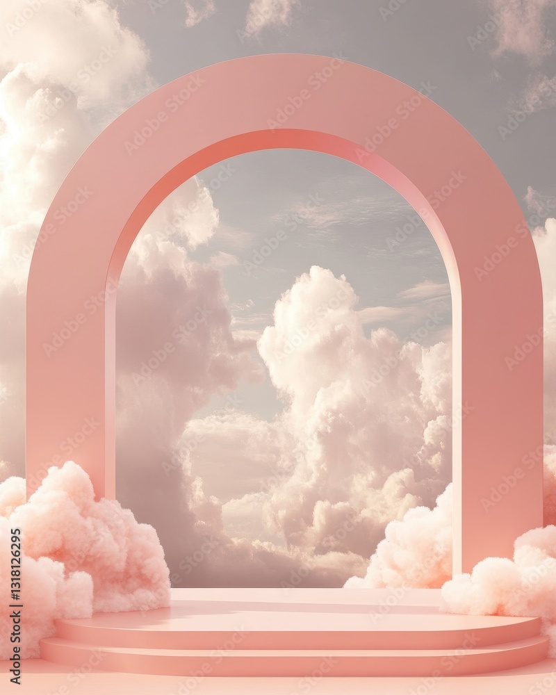 Poster dreamy pink archway with clouds abstract minimalist backdrop for product display and creative concep
