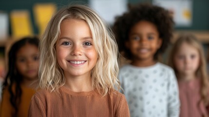 Obraz premium Happy children in classroom smiling with confidence and joy, warm ambiance