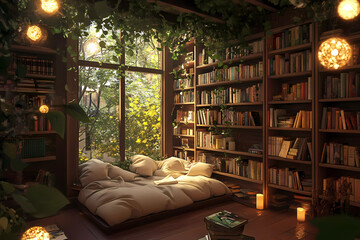 A cozy bookstore with inviting corners and soft, relaxing light offers a perfect retreat for book lovers and quiet contemplation.