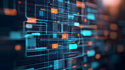 Obraz premium Complex Network Of Interconnected Digital Nodes And Data Streams In Shades Of Blue And Orange On Dark Background Representing Modern Technology And