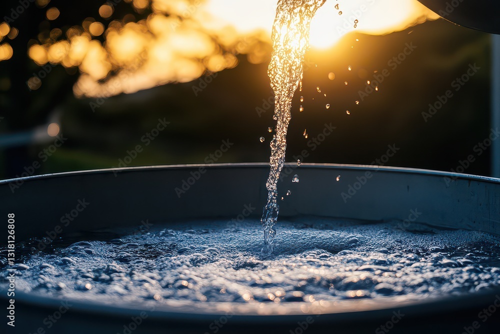 Poster water cascading into a large container at sunset, creating ripples and reflections