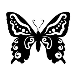 Decorative Black Butterfly Silhouette. Elegant Hand-Drawn Decorative Butterfly for Tattoos, Stickers, Laser Cutting, Logos, Prints, and Vector Design Elements.