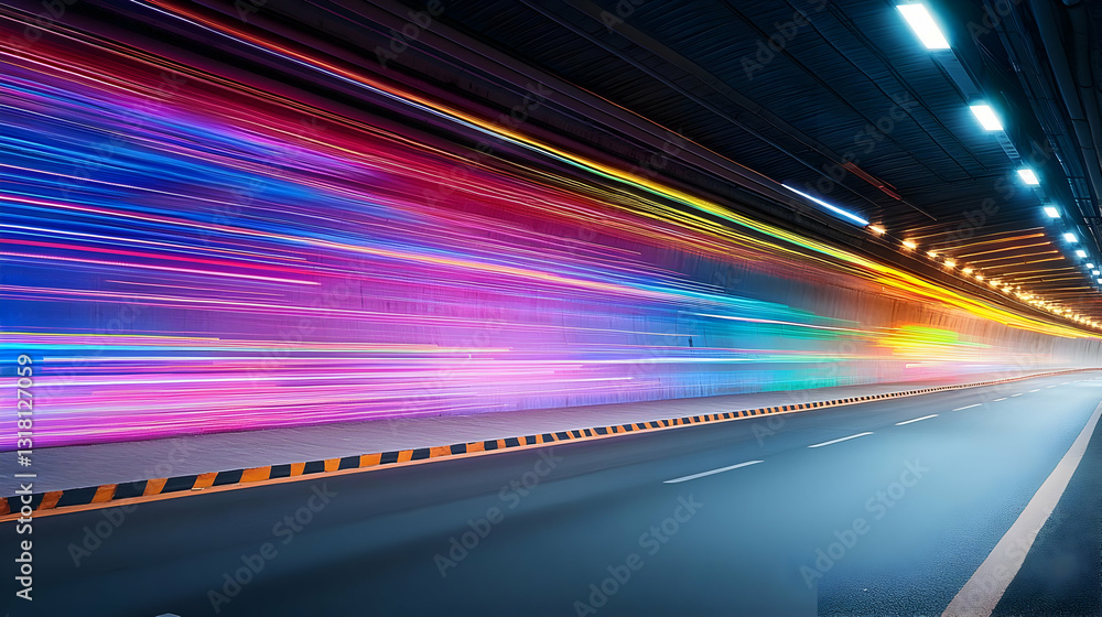 Poster dynamic light trails in a dark tunnel creating a sense of speed and movement with blue orange and pu