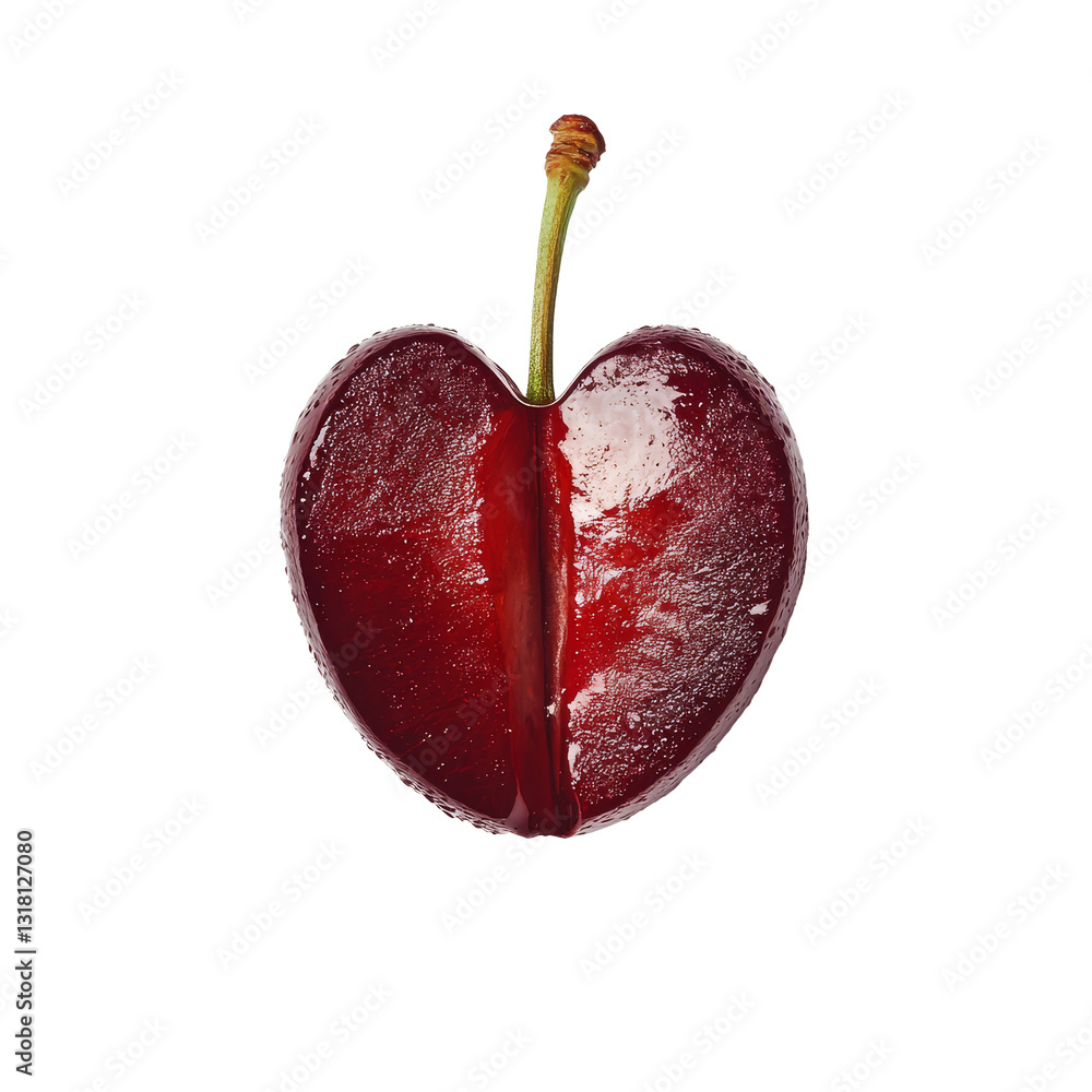 Poster closeup view of a halfcut red cherry showing its vibrant color and glossy texture against a transpar