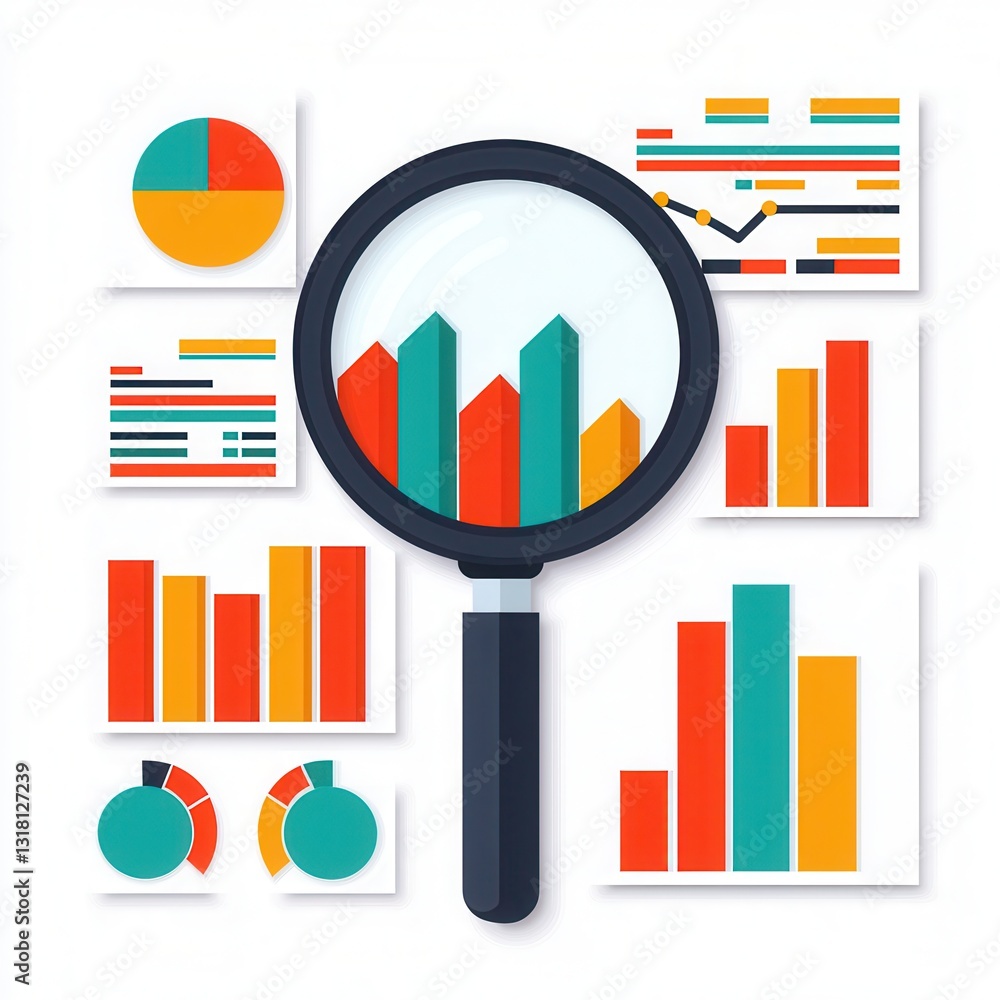 Poster colorful charts and graphs with magnifying glass for data analysis and insights