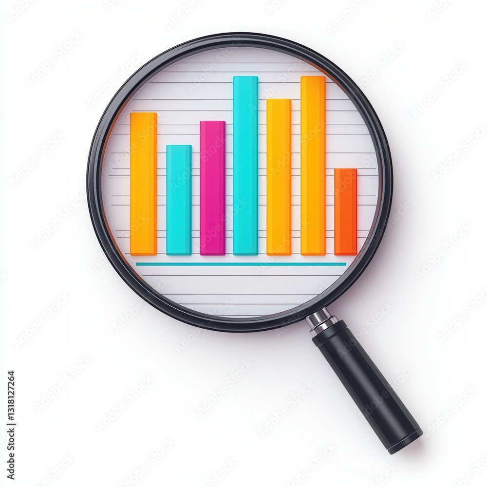Poster colorful bar graph under magnifying glass representing data analysis concept