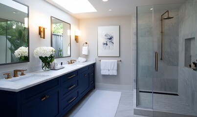 Elegant bathroom double vanity, modern shower, white hydrangeas, garden view